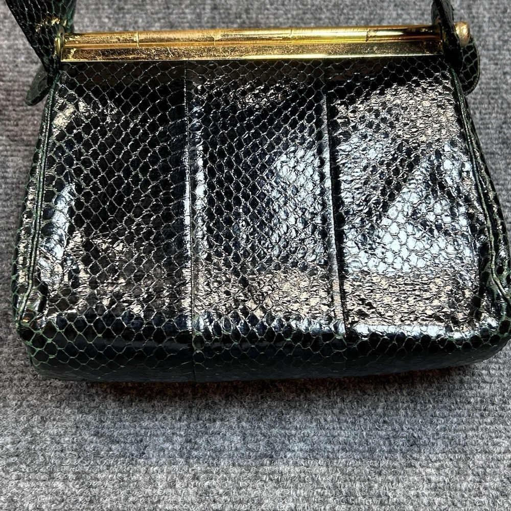 Vintage Dark Green Snake Lizard Skin Handbag with Clasp Closure By Alan Reptile - Picture 7 of 14